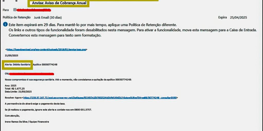 Anvisa alerta para tentativa de golpe com falsa cobrança por e-mail